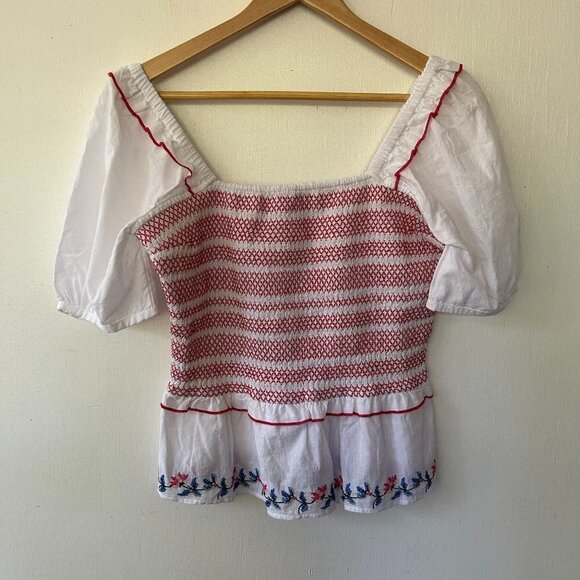 Draper James Camellia Top Womens Small Smocked Peplum Embroidered Square Neck - Picture 1 of 6